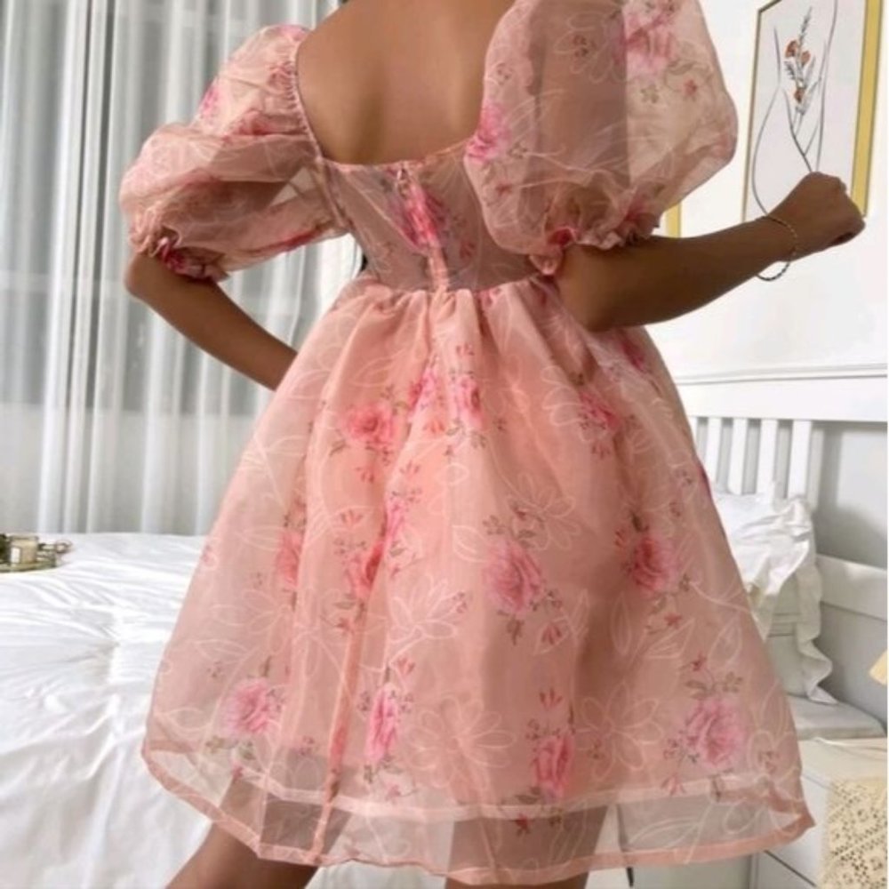 CORAL FLORAL BOHEMIAN ORGANZA DRESS - Picture 2 of 9